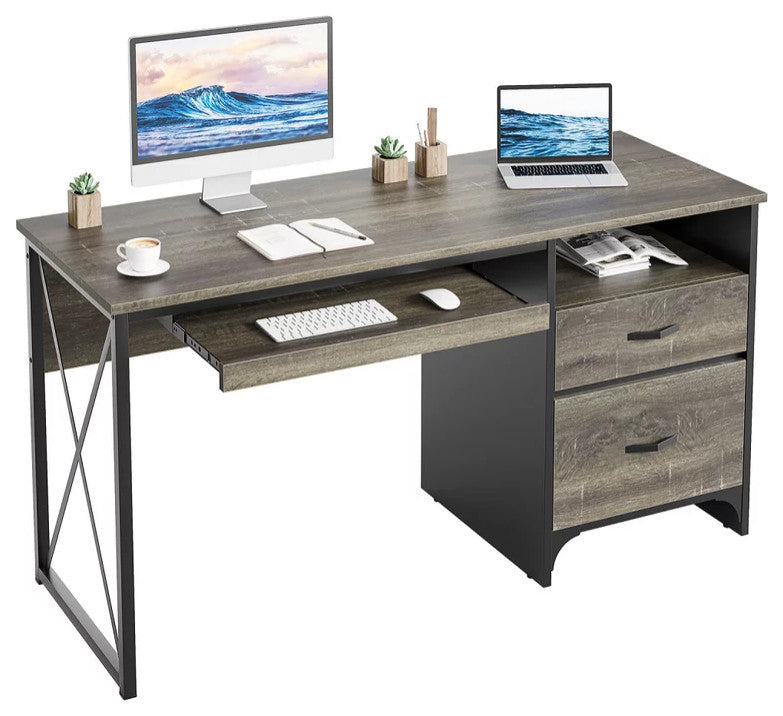 Industrial Desk, Spacious Top With Keyboard Tray & Storage Drawers, Dark Gray