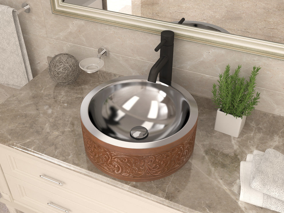 Fleet 16" Handmade Sink, Polished Antique Copper, Floral Design Exterior