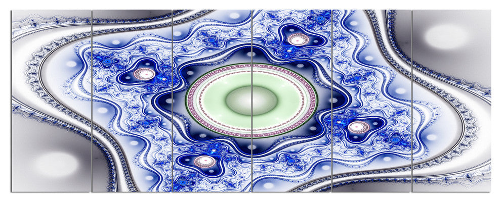 Blue on White Pattern with Circles, Abstract Canvas Wall Art, 70"x28", 6 Panels