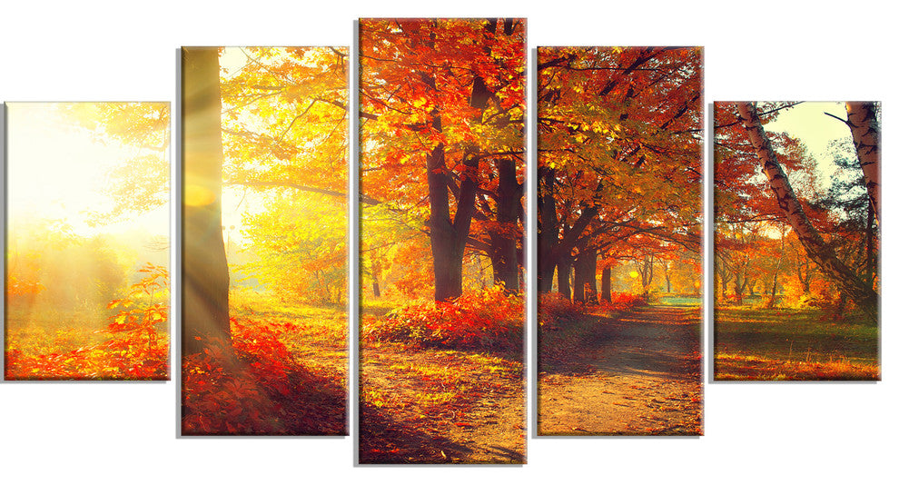 Autumnal Trees in Sunrays, Large Landscape Canvas Art Print, 60"x32", 5 Panels
