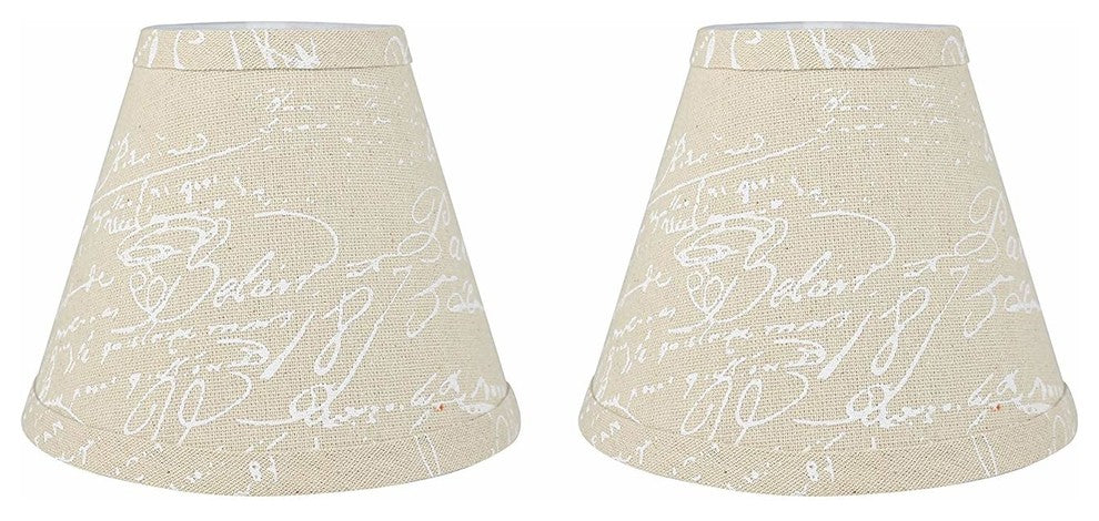 3x6x5" Linen Chandelier Lamp Shade, Natural, White Script, Set of 2