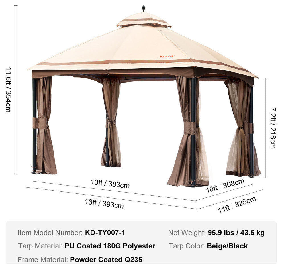 VEVOR Patio Gazebo Backyard Gazebo Tent 10x13'' for 10-12 Person With Netting