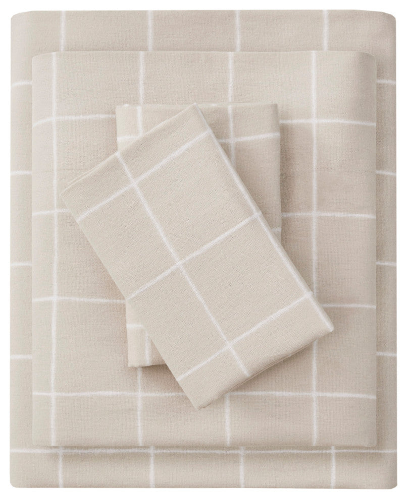 Beautyrest Oversized Flannel 4 Piece Sheet Set, Beige Windowpane