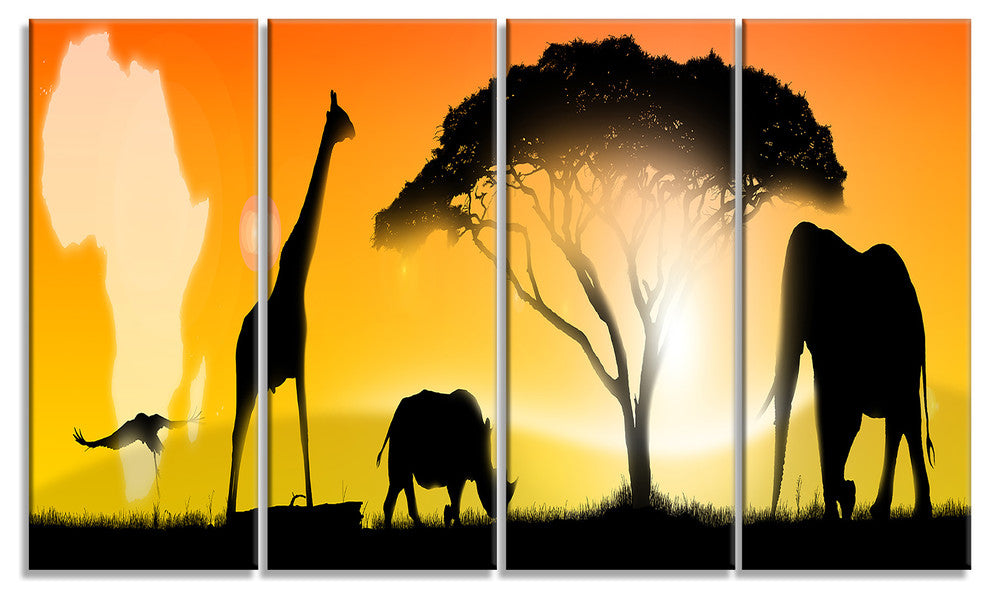 African Wildlife Panorama, African Canvas Art Print, 48"x28", 4 Panels