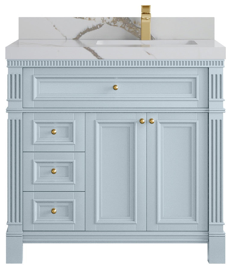 Paris 36" Right Offset Bathroom Vanity, Blue Heather 2" Calacatta Gold