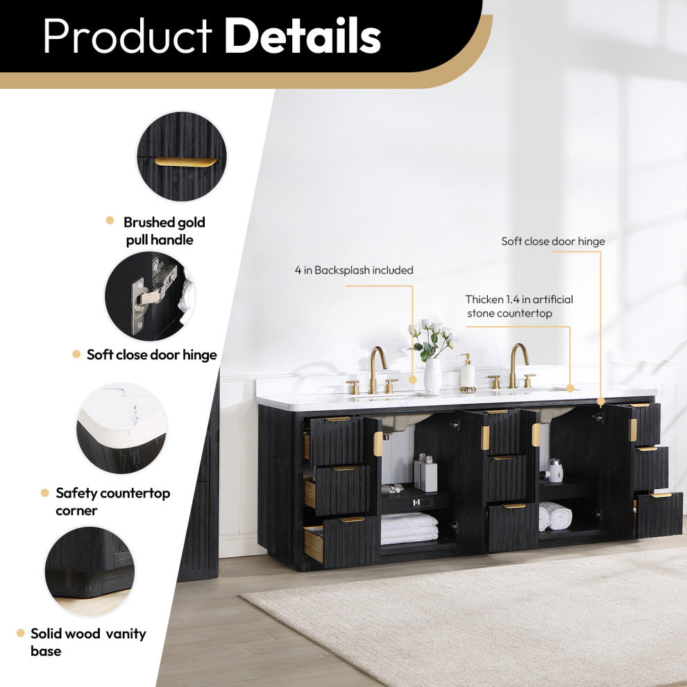 Vinnova Cadiz Bath Vanity, Composite Stone Top, Black, 84", No Mirror