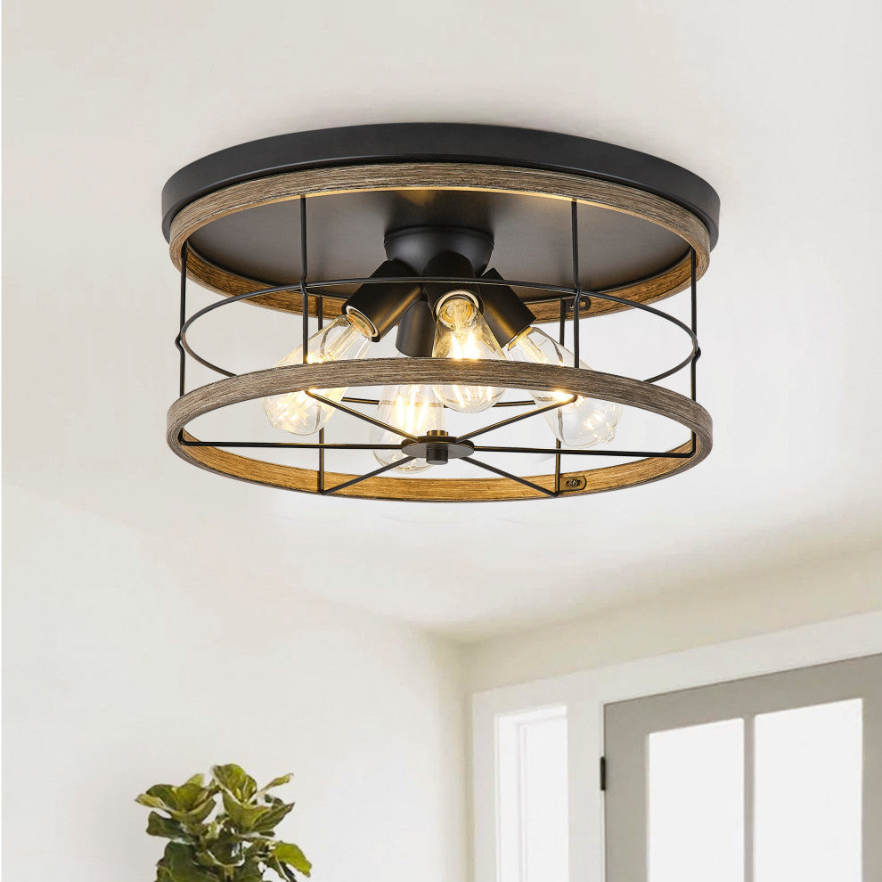 Farmhouse 4-Light Drum Metal Frame Flush Mount Ceiling Light
