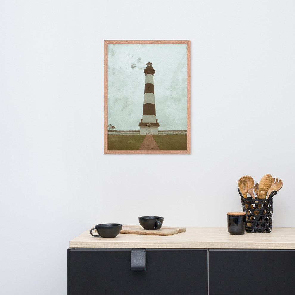 Aged Bodie Lighthouse Landscape Framed Photo Paper Wall Art Prints, Red Oak, 18" X 24"