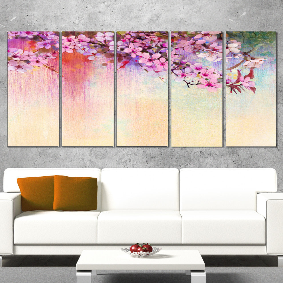 Watercolor Painting Cherry Blossoms, Floral Canvas Art Print, 60"x28", 5 Panels