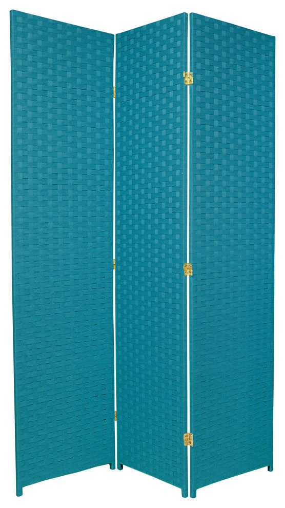 6' Tall Woven Fiber Room Divider, Special Edition, Turquoise Blue, 3 Panel