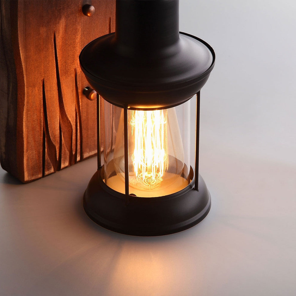 Industrial Cottage Style Clear Glass Lantern 1-Light Wall Light & Wood Backplate