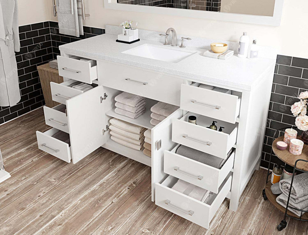 Caroline 60" Single Bath Vanity, White, White Quartz Top and Square Sink