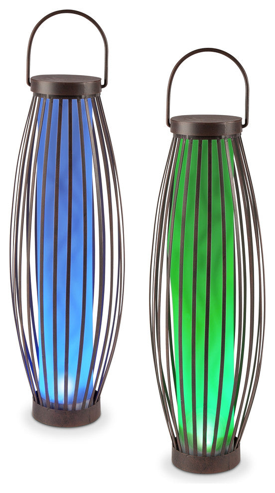 21-Inch High Solar-Powered Metal Barrel Lights with Handles, Set of 2