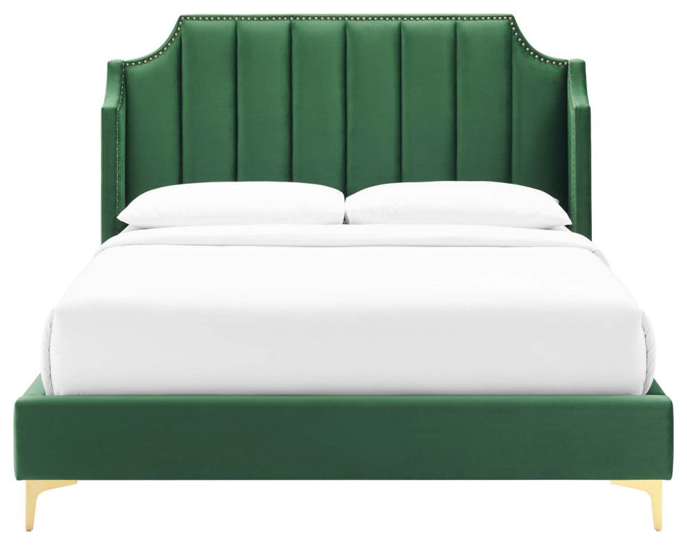 Platform Bed Frame, Queen Size, Velvet, Green, Modern Contemporary, Bedroom