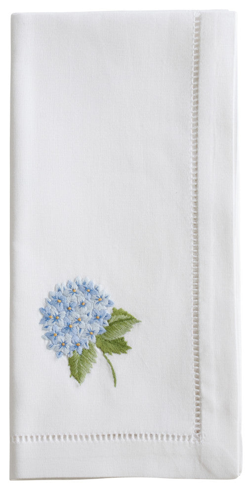 Hemstitch Napkins With Embroidered Blue Hydrangea Design, Set of 6, 20" x 20"