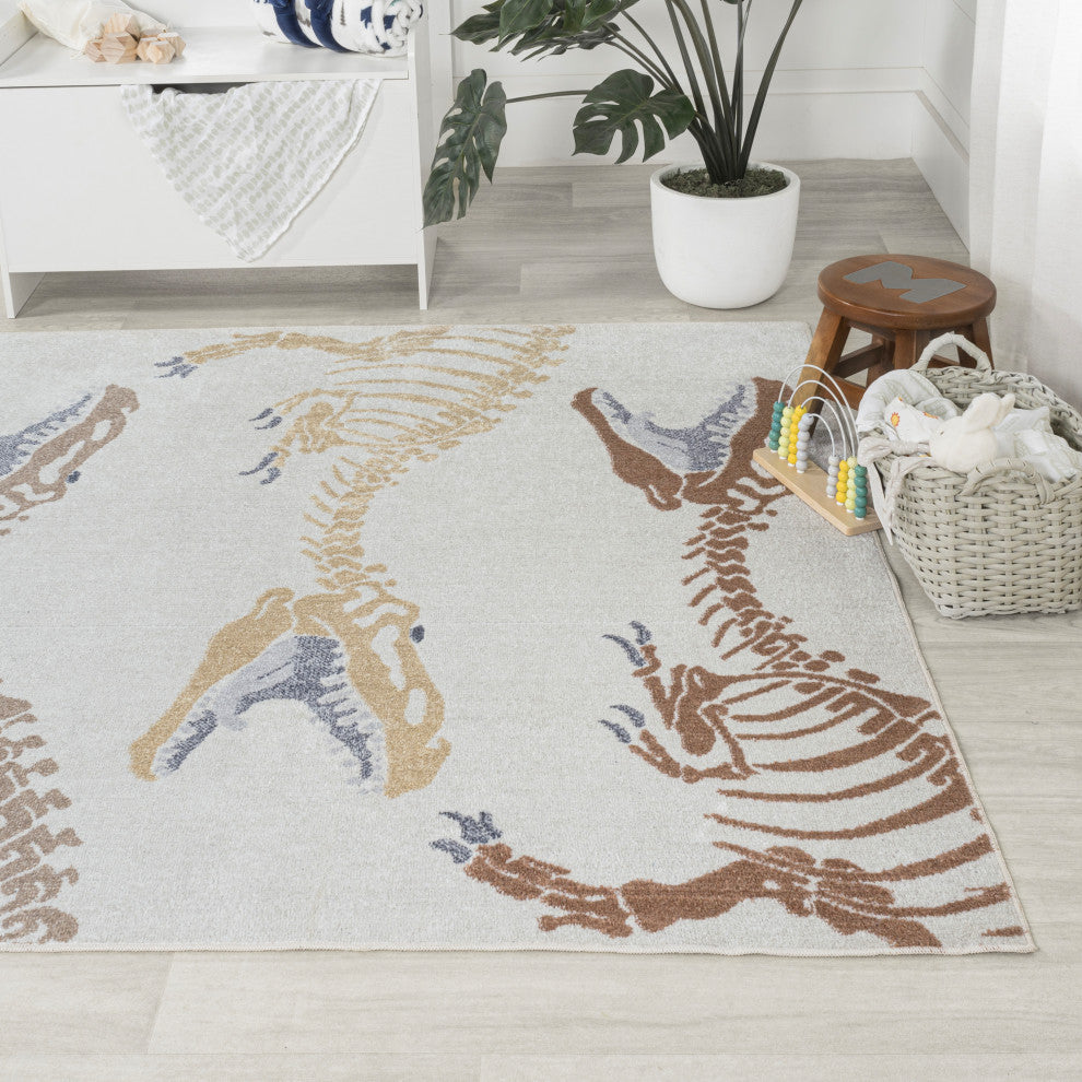 Kingdarr T-Rex Modern Kids Machine-Washable Cream/Multi 5 ft. x 8 ft. Area Rug