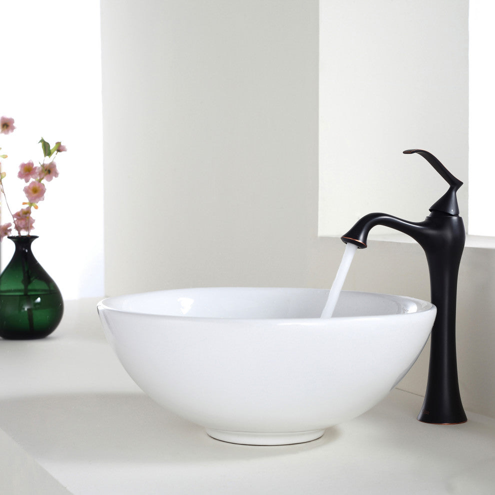 Elavo Ceramic Round Vessel White Sink, PU Drain Oil Rubbed Bronze