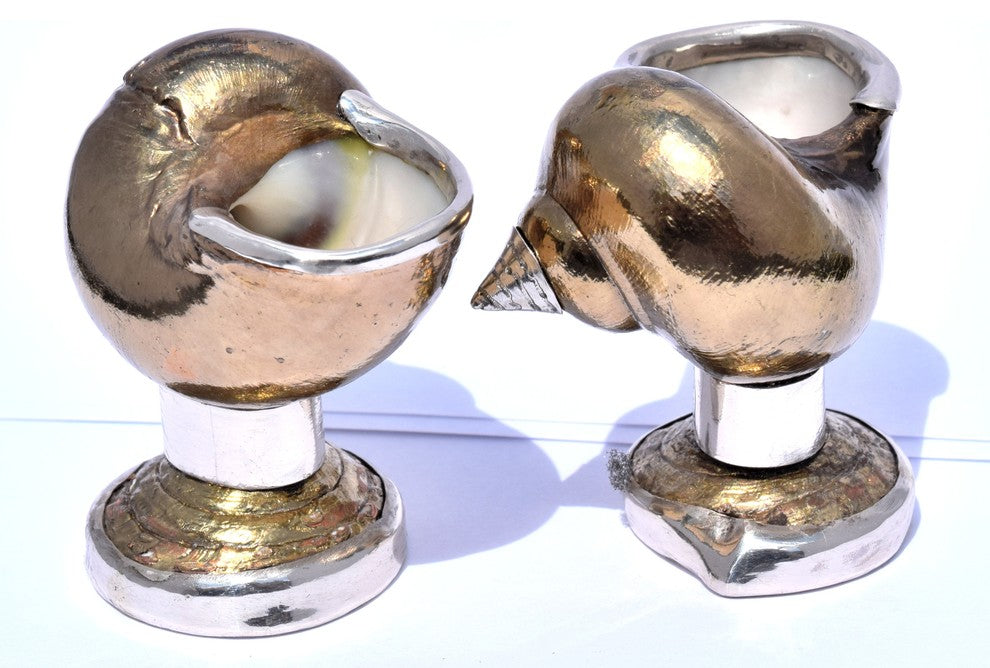 Pair of Gold Plated Shell Salt Cellars with Sterling Silver Trim