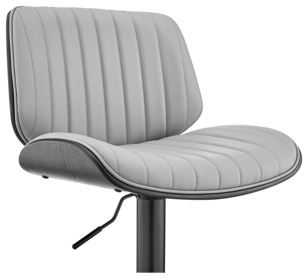 Brock Adjustable Gray Faux Leather and Walnut Wood Bar Stool With Black Base