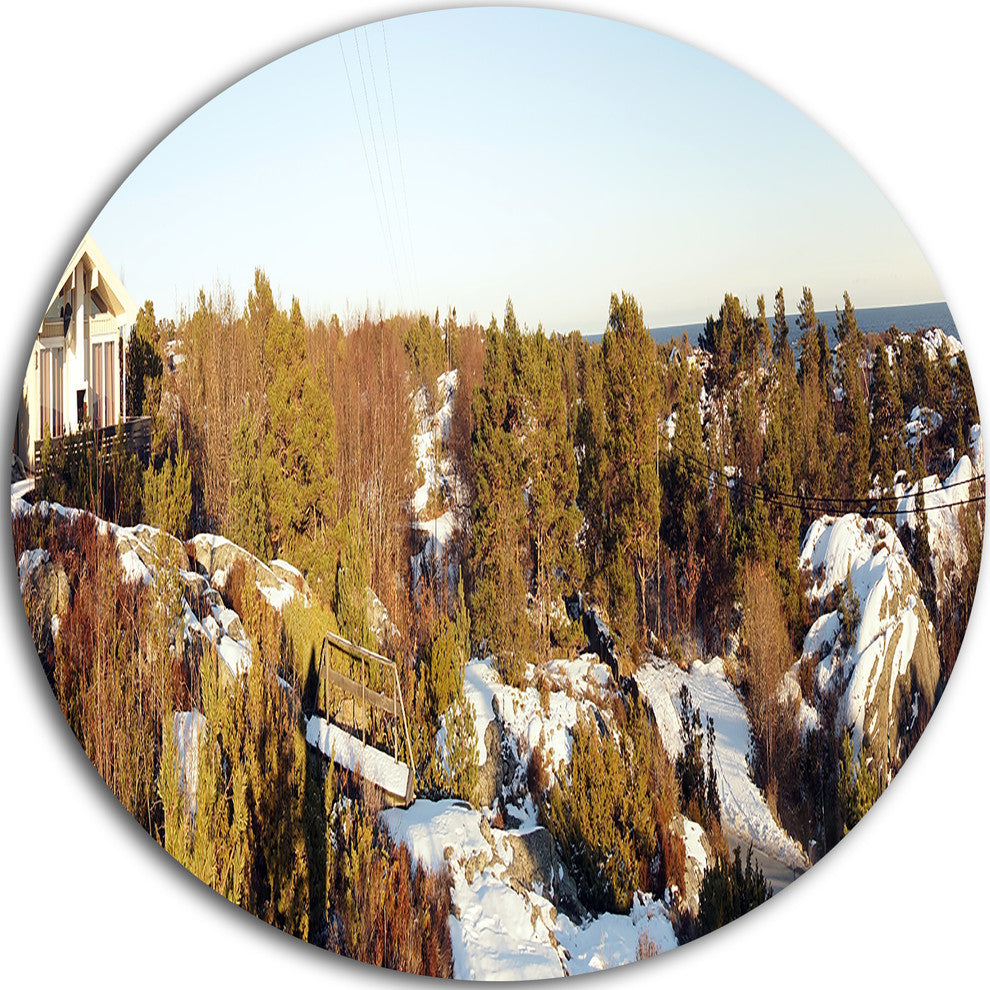 Rocky Coast With Wooden Cottage, Landscape Round Wall Art, 36"