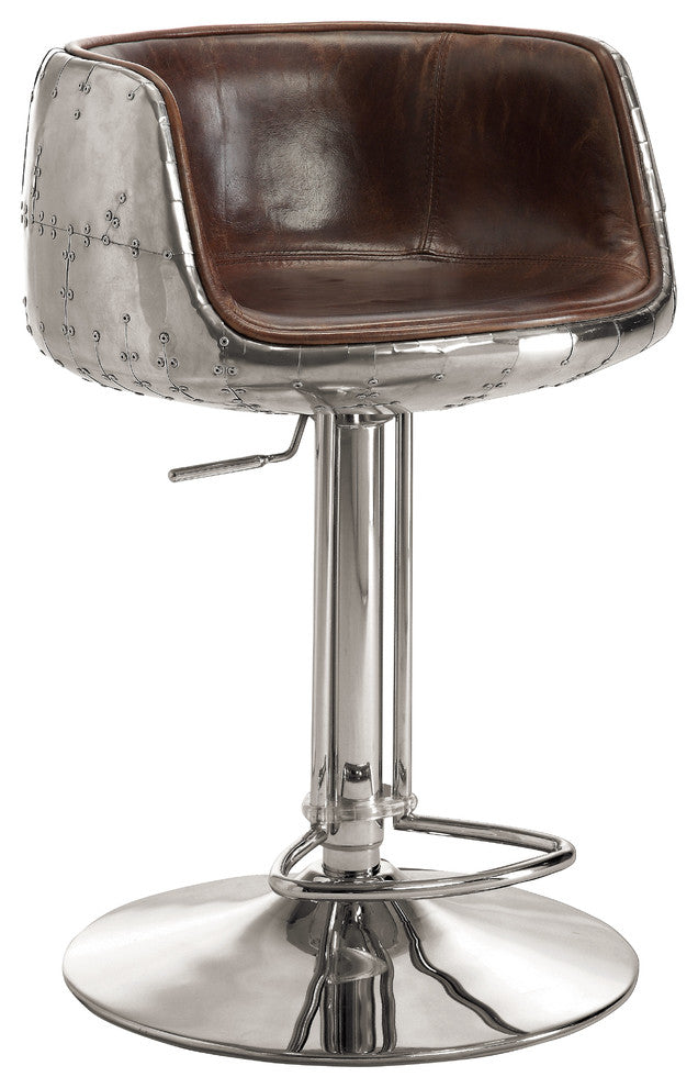 Brancaster Aluminum & Top Grain Leather Adjustable Swivel Stool, Vintage Brown