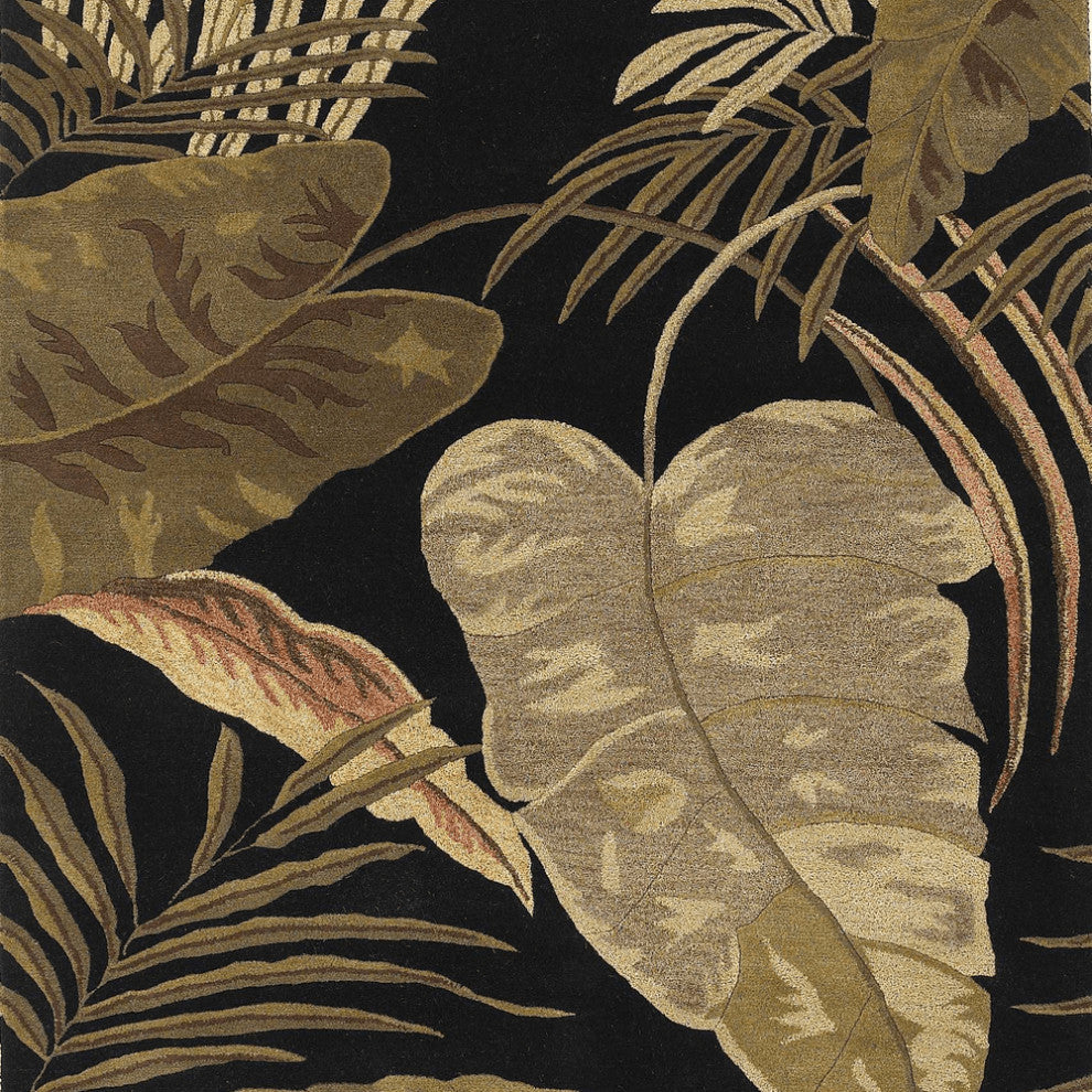 5'X8' Midnight Black Hand Tufted Tropical Leaves Indoor Area Rug