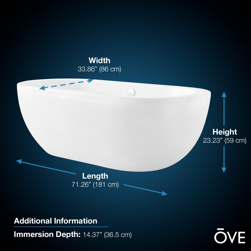 OVE Decors Serenity Freestanding 71" Acrylic Center Drain Bathtub in White