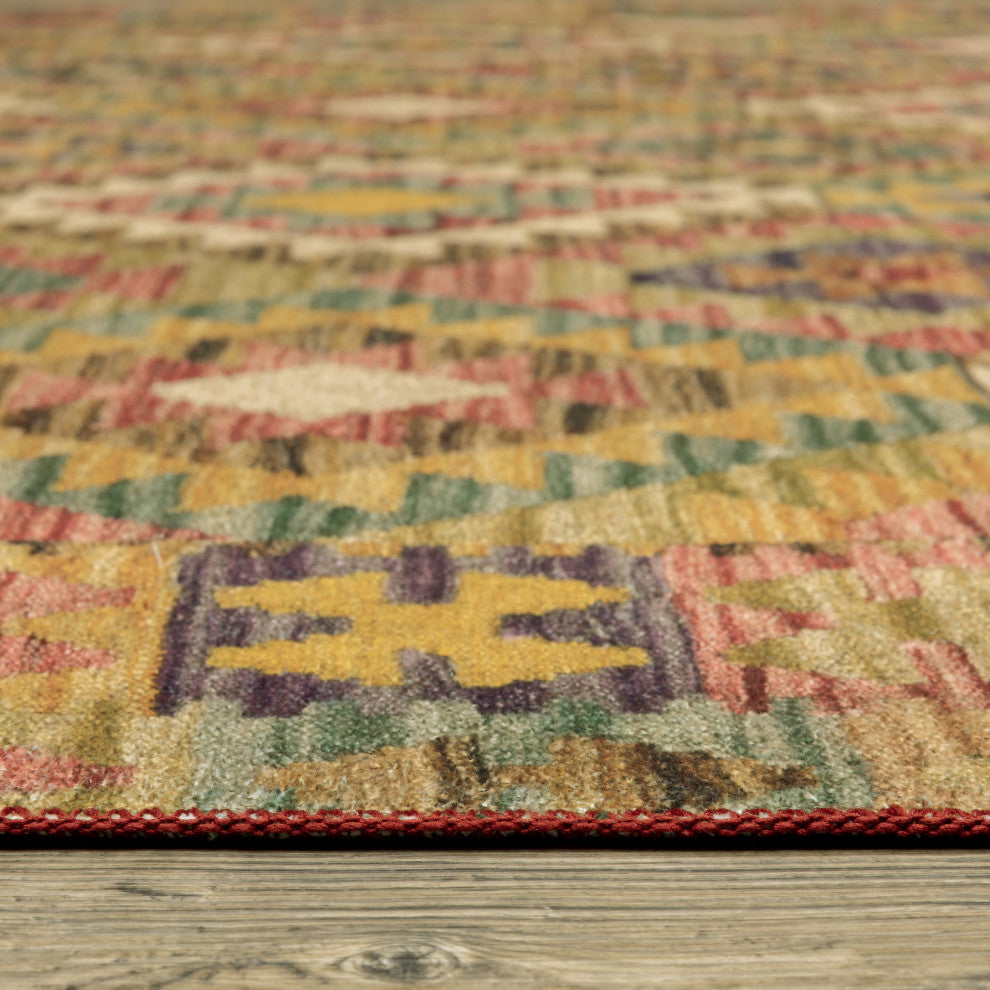 Michaela Machine Washable Geometric Tribal Gold/ Multi Area Rug, Gold, 2'x8'