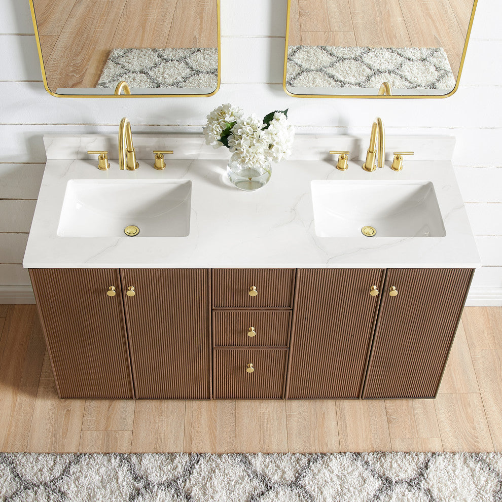 Oza Bath Vanity with Quartz Stone Top, Aged Dark Brown Oak, 60", Double Vanity, No Mirror