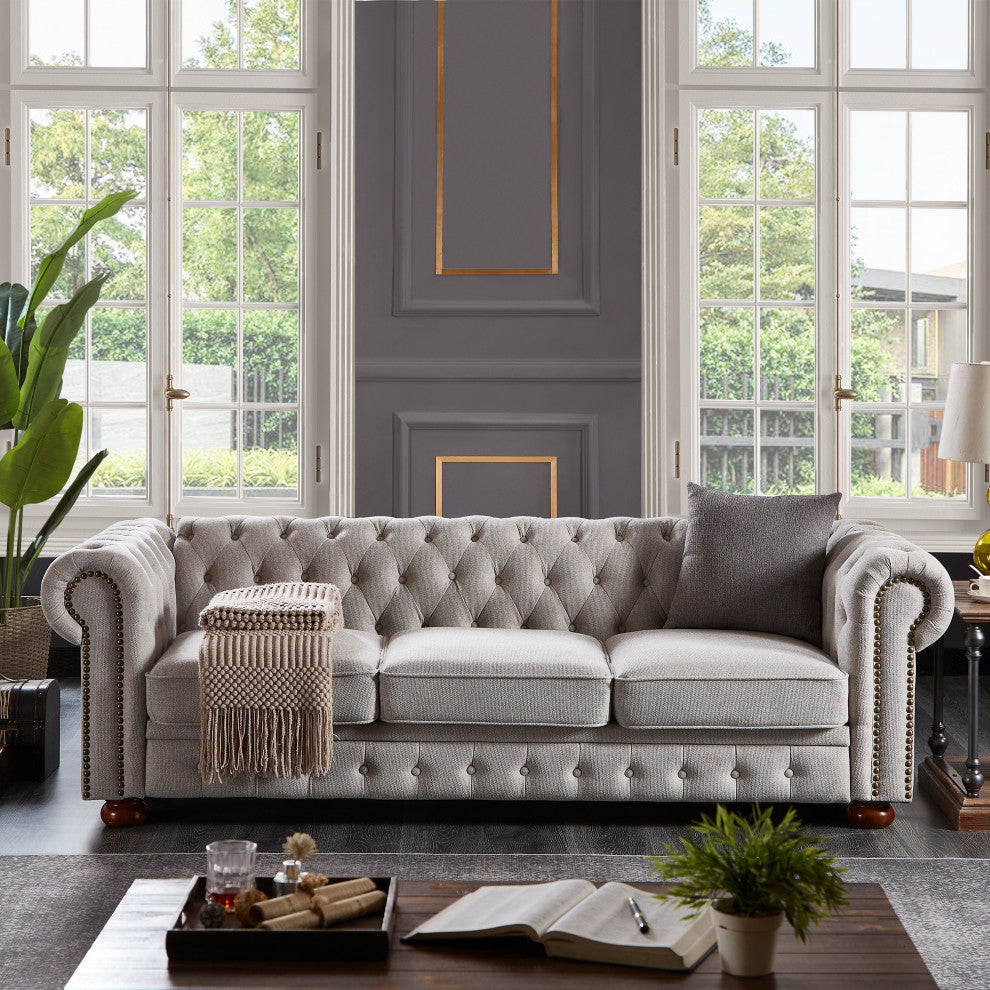TATEUS linen fabric Chesterfield Large sofa Modern 3 Seater Couch Light Grey