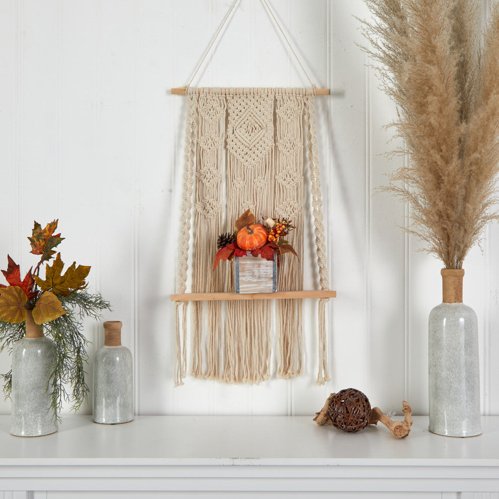8" Fall Pumpkin, Gourd, Berries & Pinecones Faux Arrangement Natural Washed Vase