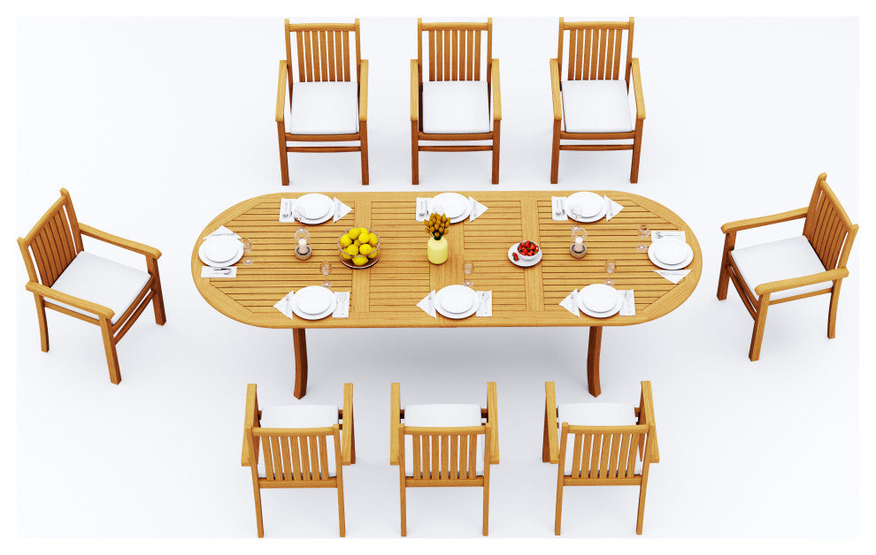 9-Piece Outdoor Teak Dining Set, 117" Oval Table, 8 Cahyo Stacking Arm Chairs