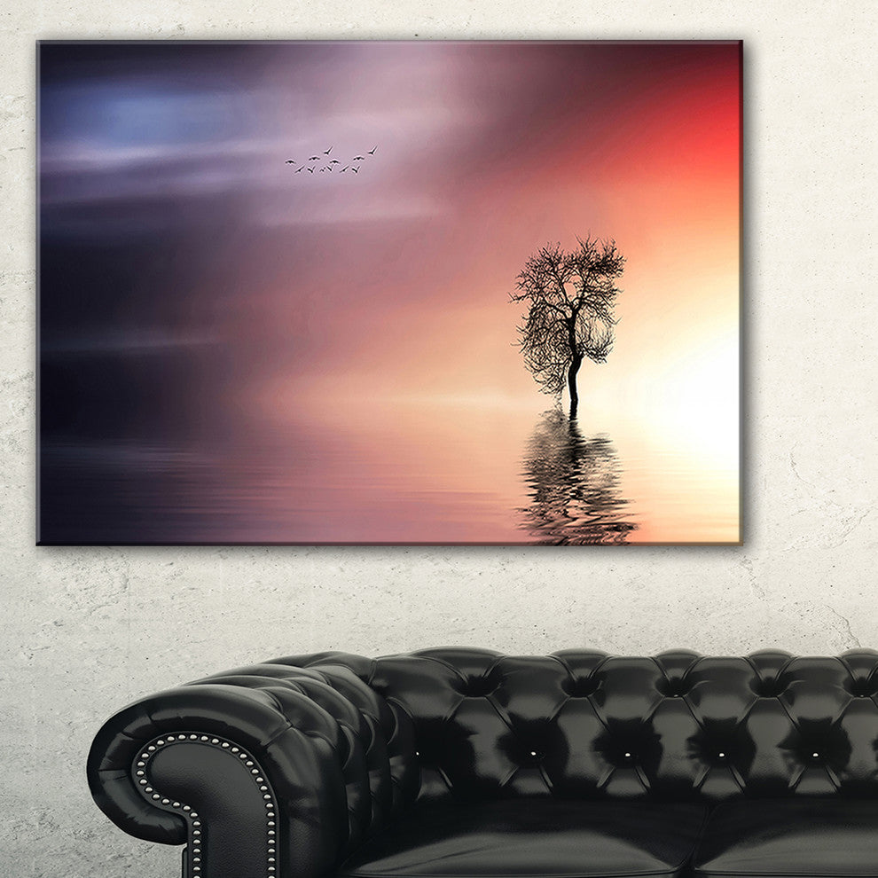 "Solitude Tree And Flying Birds" Extra Large Wall Art Landscape, 32"x16"