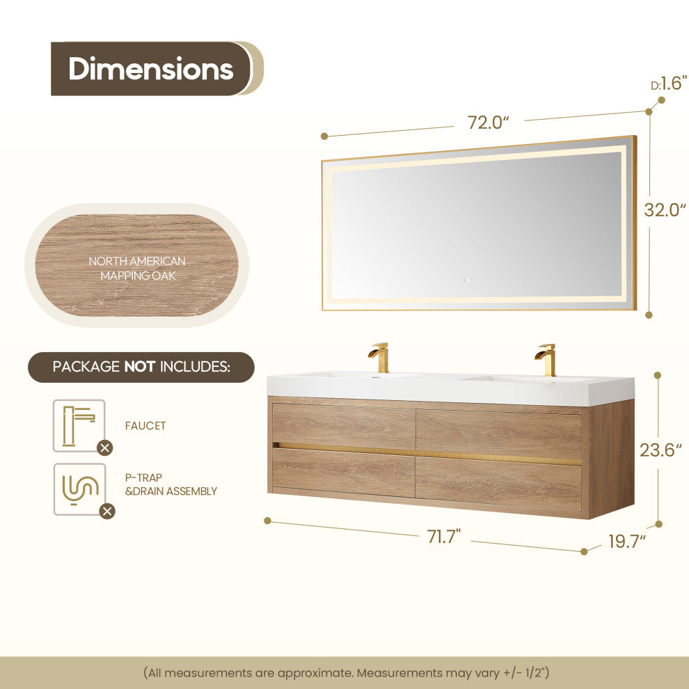 Palencia Floating Bath Vanity With Composite Stone Top, North American Oak, 72", With Mirror
