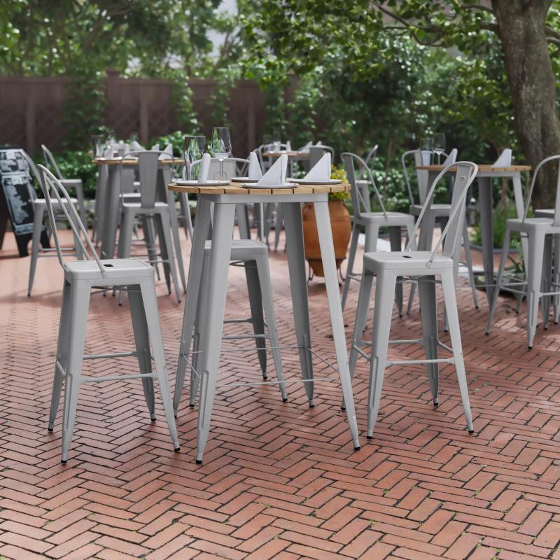 Declan Commercial Indoor/Outdoor Round Bar Top Table, 30", Brown/Silver