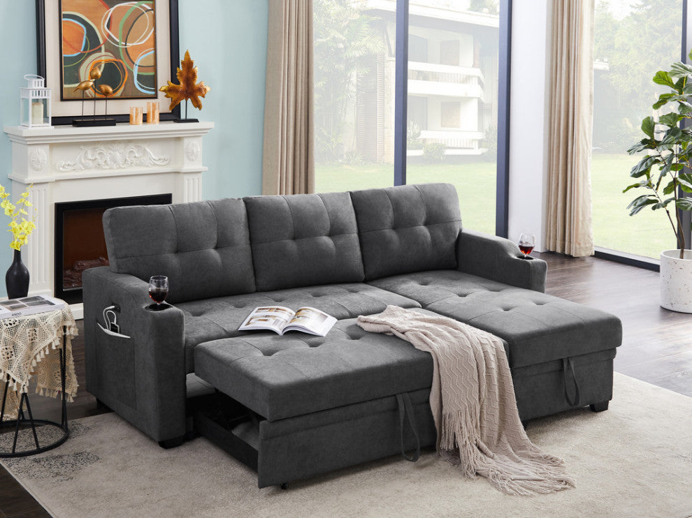 Mabel Fabric Sleeper Sectional With Cupholder, USB and Pocket, Dark Gray, Woven