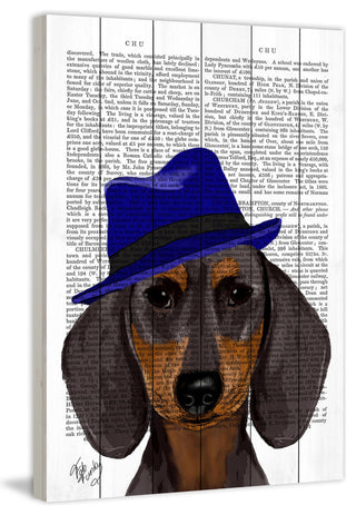 "Dachshund with Blue Trilby" Painting Print on White Wood, 30"x45"