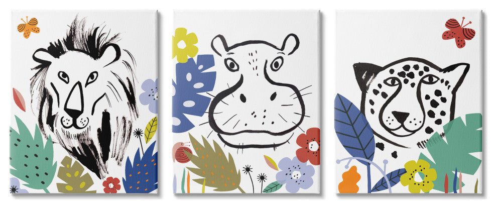 Jungle Animal Kingdom Colorful Kids Pet Illustration, 3pc, each 24 x 30