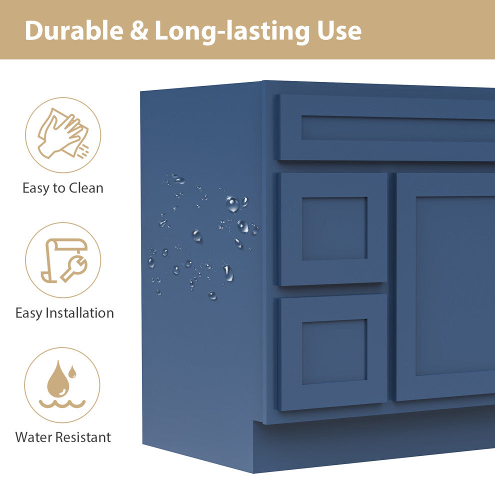 Vanity Art Vanity Base Cabinet, No Top, Drawers on Left, 36", Blue