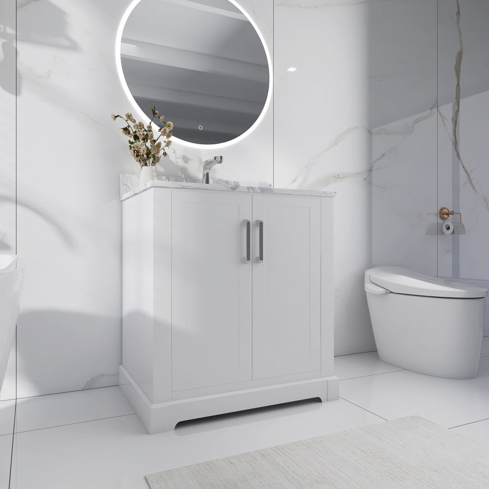 30" W x 22" D x 33" H Bath Vanity, White With Carrara White Marble