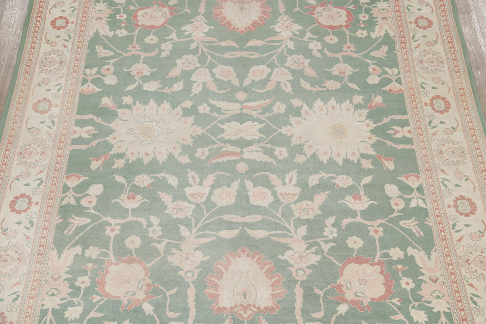 Traditional All-Over Hand Made Turkish Oriental Area Rug, Green, 10 X 13