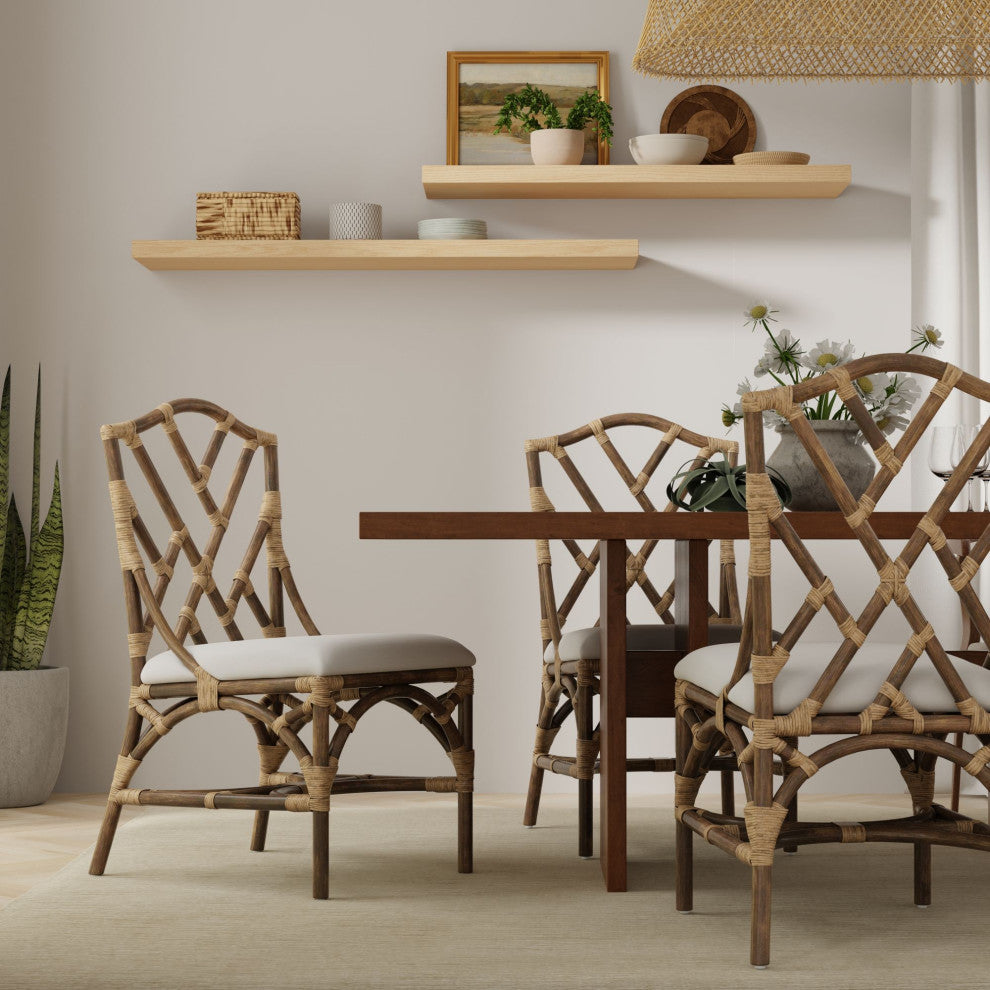 Rattan Chippendale Upholstered Dining Chairs, Antique Brown, Set of 2