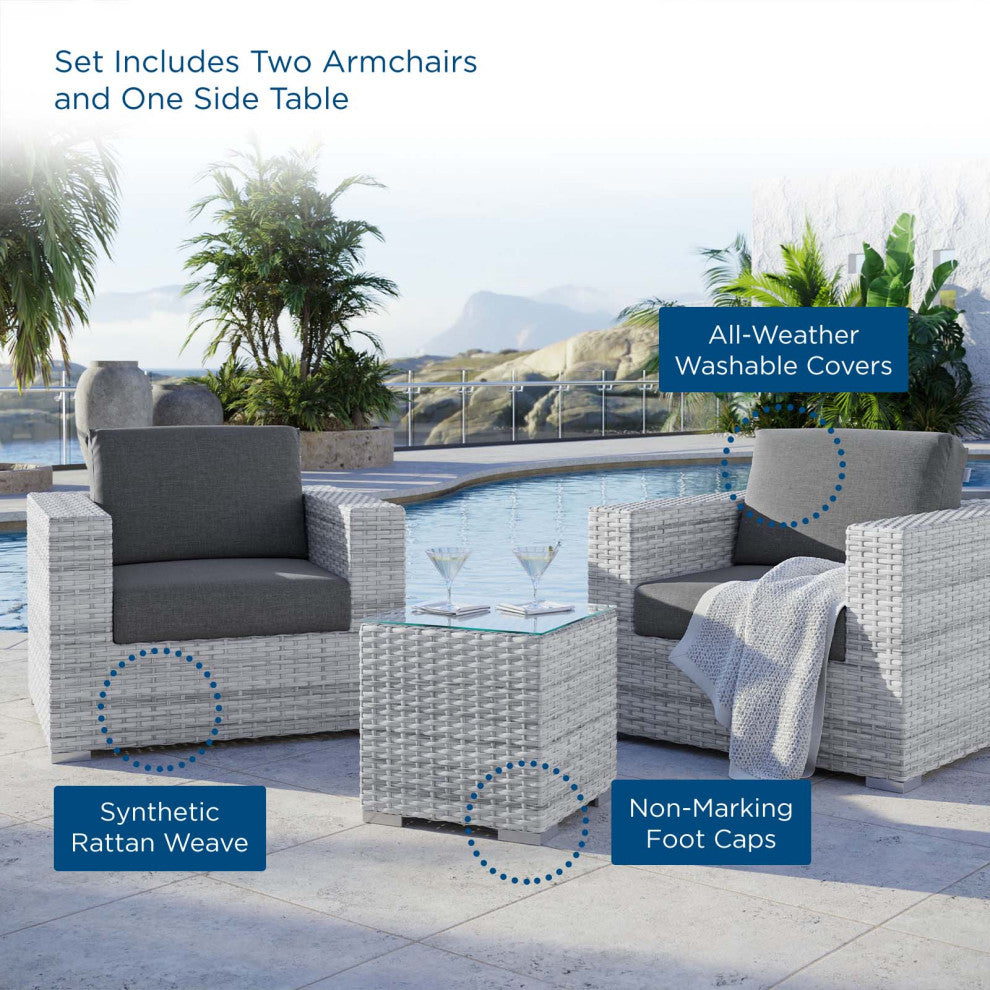 Side Lounge Chair Table Set, Rattan, Wicker, Gray, Modern, Outdoor Patio