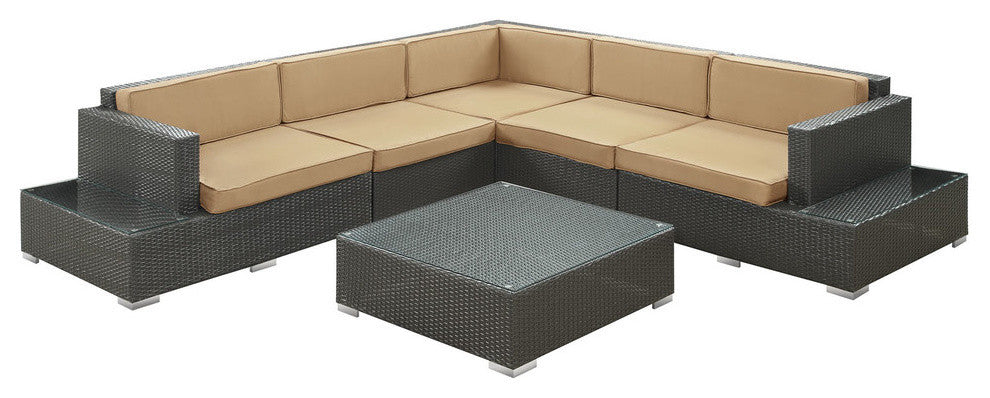 Modern Contemporary Outdoor Patio Rattan & Wicker 6 Pieces Sectional Set, Mocha