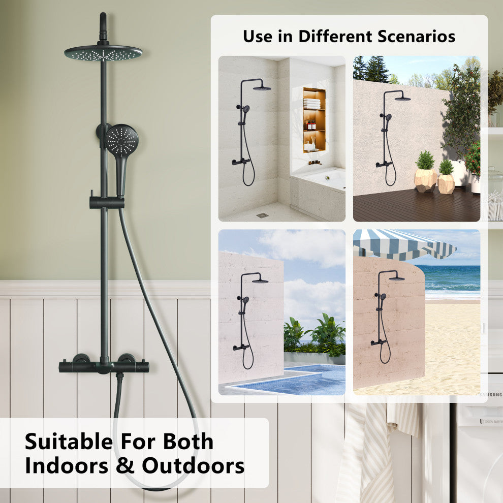 Thermostatic Round Shower Faucet Dual Head Waterfall Shower Bar System, Matte Black