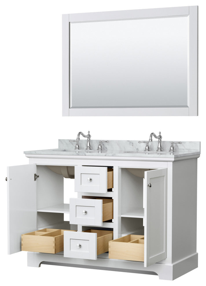 48" Double Vanity in White, White Marble Countertop, UM Oval Sinks, 46" Mirror