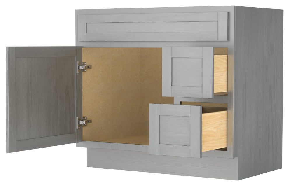 Vanity Art Vanity Base Cabinet, No Top, Drawers on Right, 36", Silver