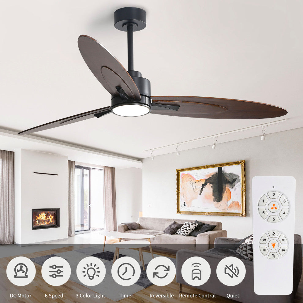 60" 3-Solid Wood Blade Propeller indoor LED Ceiling Fan, Black and Brown