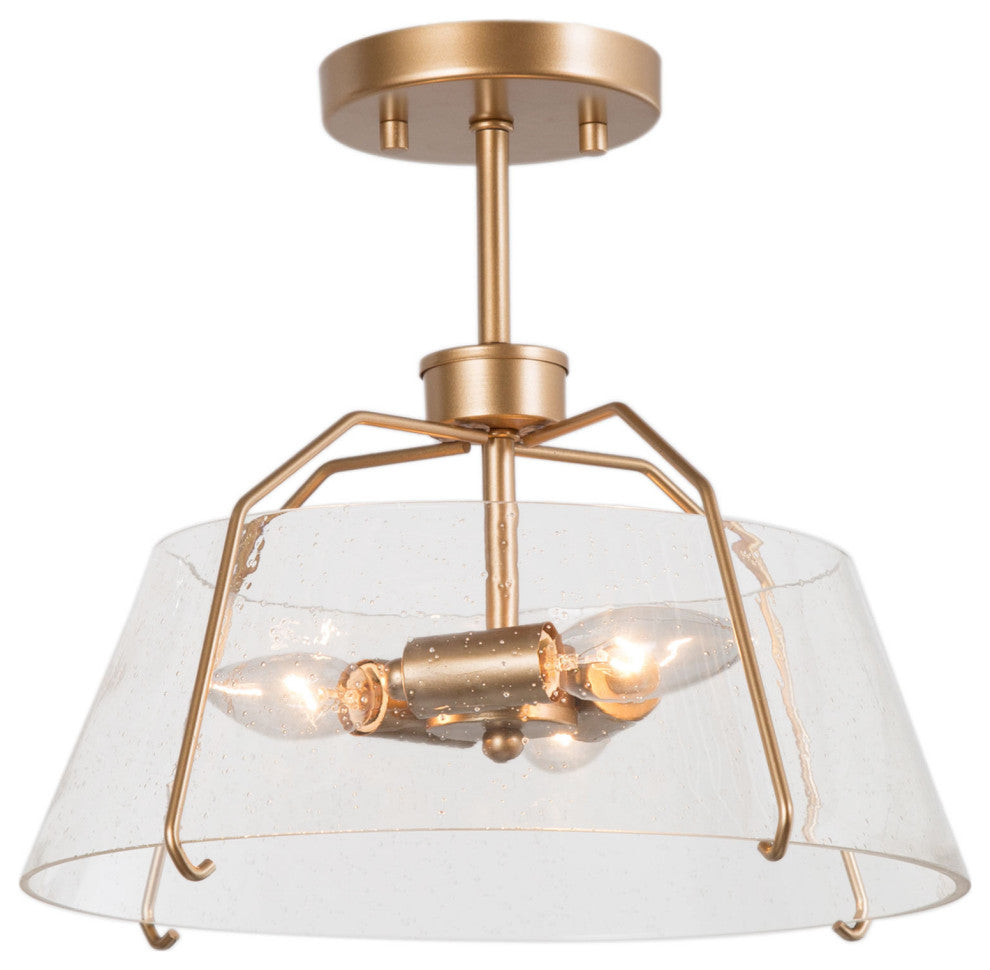 Modern 3-light Semi Flush Mount Gold Drum Ceiling Light Hollow Glass Shade