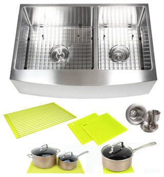 33" Curved Front Apron Stainless Steel Double Bowl Kitchen Sink Package